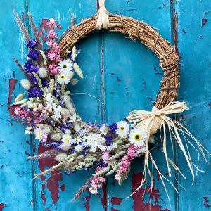 Summer Half Moon Wreath, a dried flower wreath with summer dried flower arrangement from Silver Acres