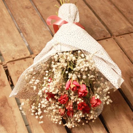 Red-Rose-Bouquet-Front Down Front view of Dried Red Roses Bouquet wrapped in tissue paper and tied with silk bow from Silver Acres